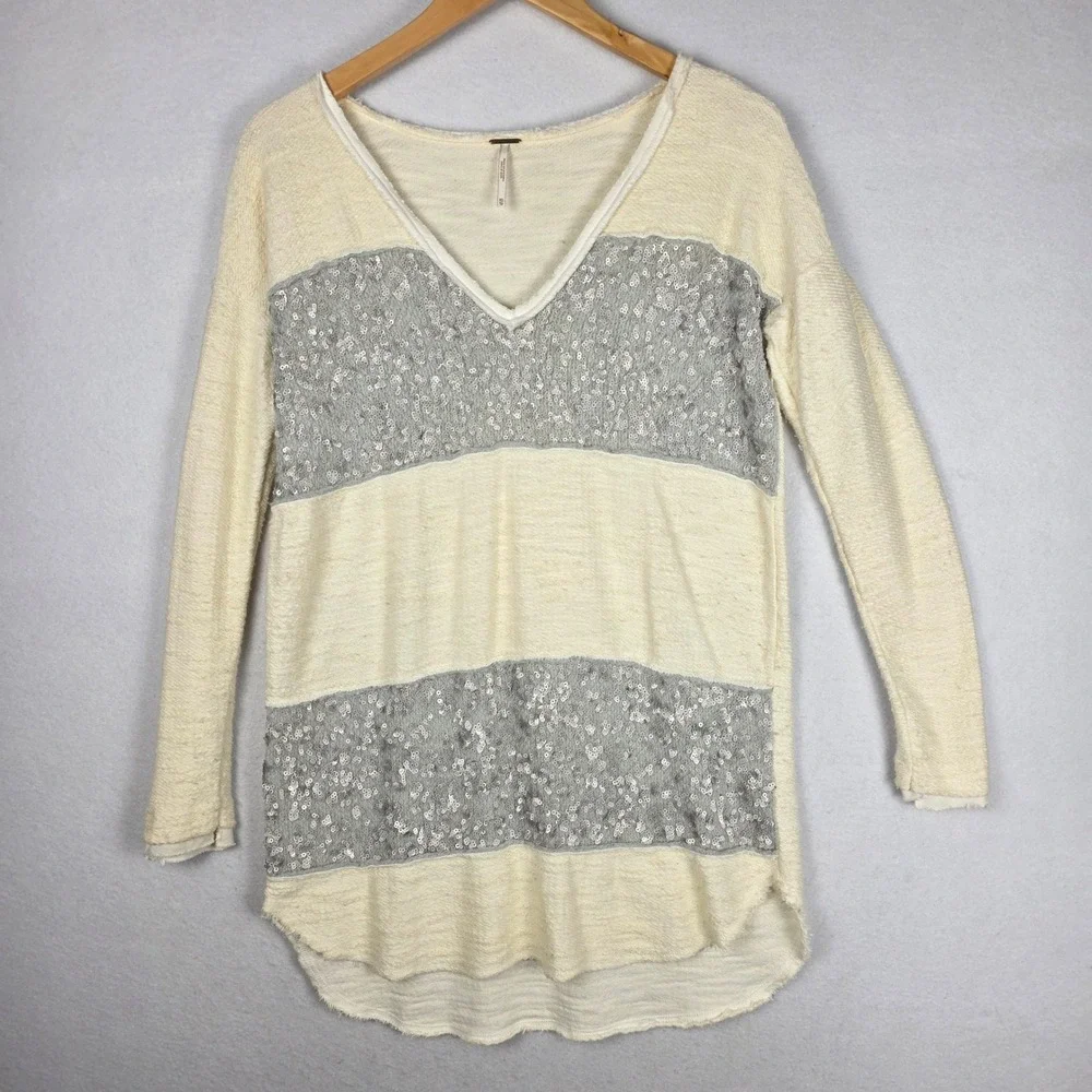 Free People Womens‎ V Neck Long Sleeve Tunic Top XS Cream Sequins Striped BOHO